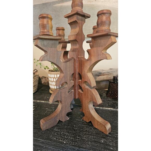 Handcrafted 1976 Walnut Candelabra with Amber Hobnail Candle Votives - Picture 2 of 7